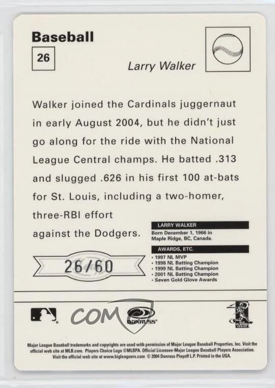 2005 Leaf Sportscasters White Fielding Ball /60 Larry Walker #26 HOF - Image 2 of 2