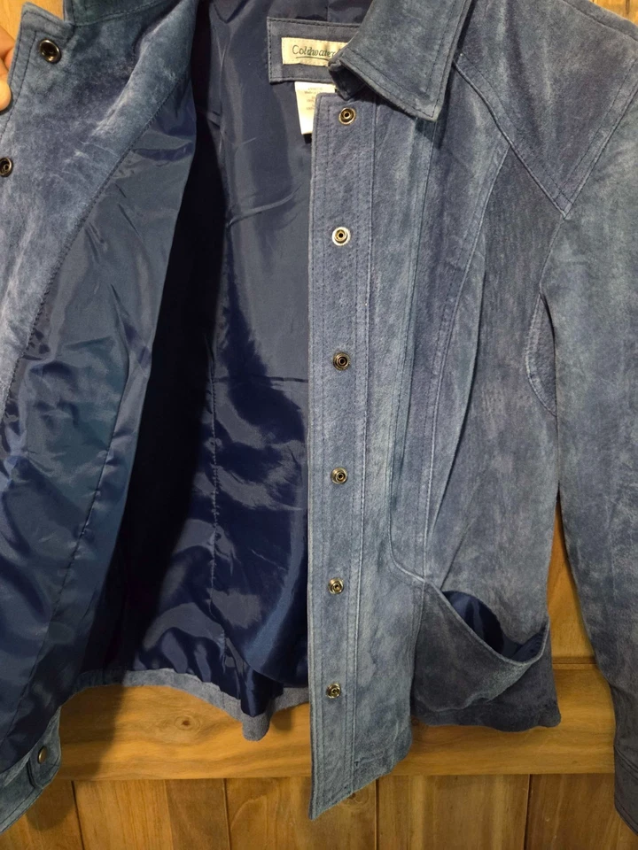 Chaqueta Blazer Coldwater Creek Mujer 100% Cuero Azul Frente a Presión Pequeña Pequeña Foto 3 de 4