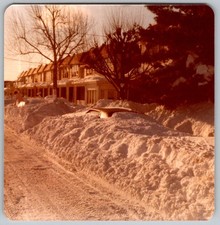 Vtg Color Snapshot Car Buried Deep Snow Snowstorm Blizzard Neighborhood Homes