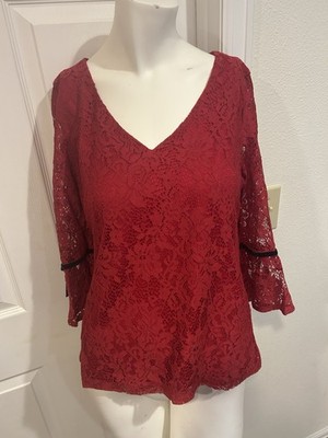 Elle Womens Size S Blouse Lace Red Top Bell Sleeves Black Bows Vintage Style
