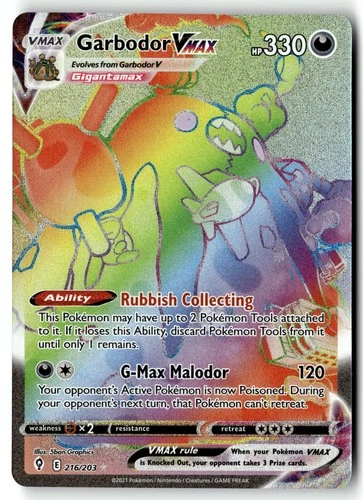 Pokemon Card Garbodor VMAX Secret LP SWSH07: Evolving Skies Secret Rare 216/203