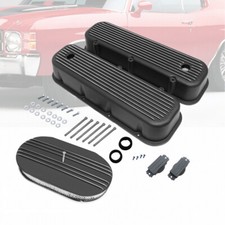 Black Aluminum Tall Valve Covers Fit Chevy Bbc 454 65-95 15 Finned Air Cleaner
