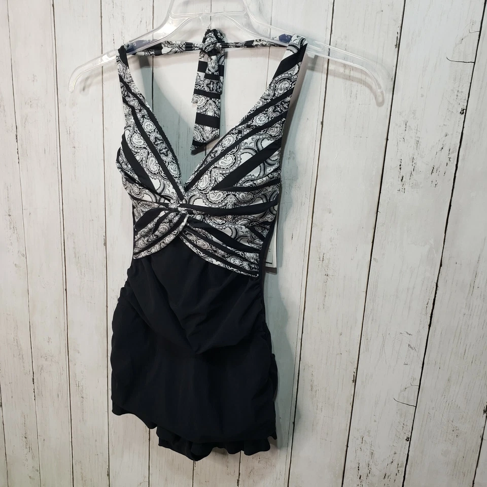 NUEVO CON ETIQUETAS Profile by Gottex Negro Blanco Paisley Halter Falda Con Aros Traje de Baño Talla 6 Foto 4 de 4