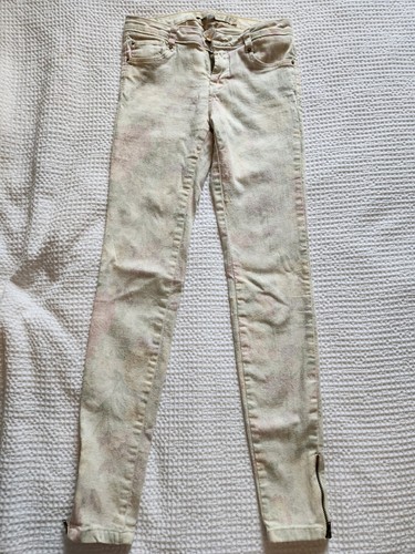 Zara Skinny Floral Flower White Washed Faded Denim Jeans Zippered Legs Size 2 - Picture 2 of 11