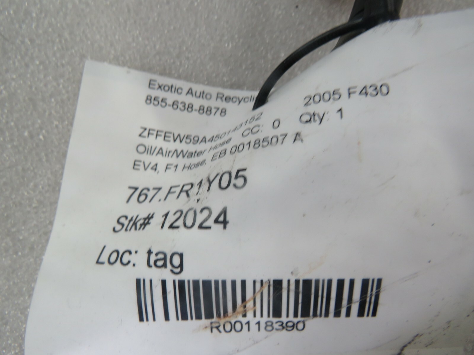 Ferrari F430, EV4 F1 Hose, Used, P/N 0018507 A
