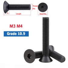 Grade 10.9 Countersunk Socket Screws Flat Head Allen Bolts M3 M4 Metric