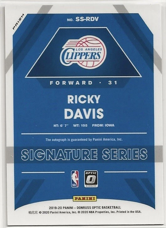 2019-20 DONRUSS OPTIC RICKY DAVIS SIGNATURE SERIES AUTO PURPLE PRIZM CLIPPERS - Image 2 of 2