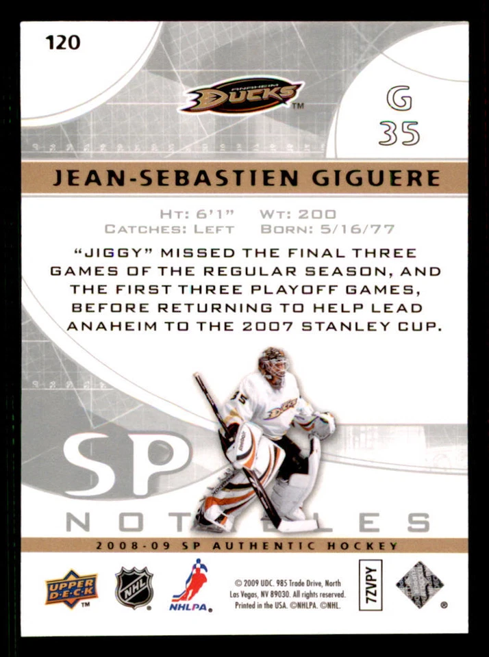 2008-09 SP Authentic #120 Jean-Sebastien Giguere N /999 - Image 2 of 2
