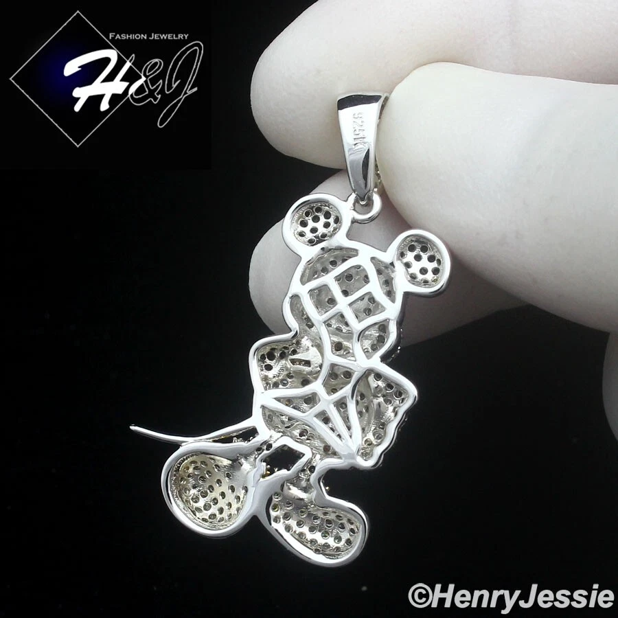 MEN SOLID 925 STERLING SILVER ICY BLING CZ 3D HIPHOP MICKEY MOUSE PENDANT*SP475 - Image 2 of 4