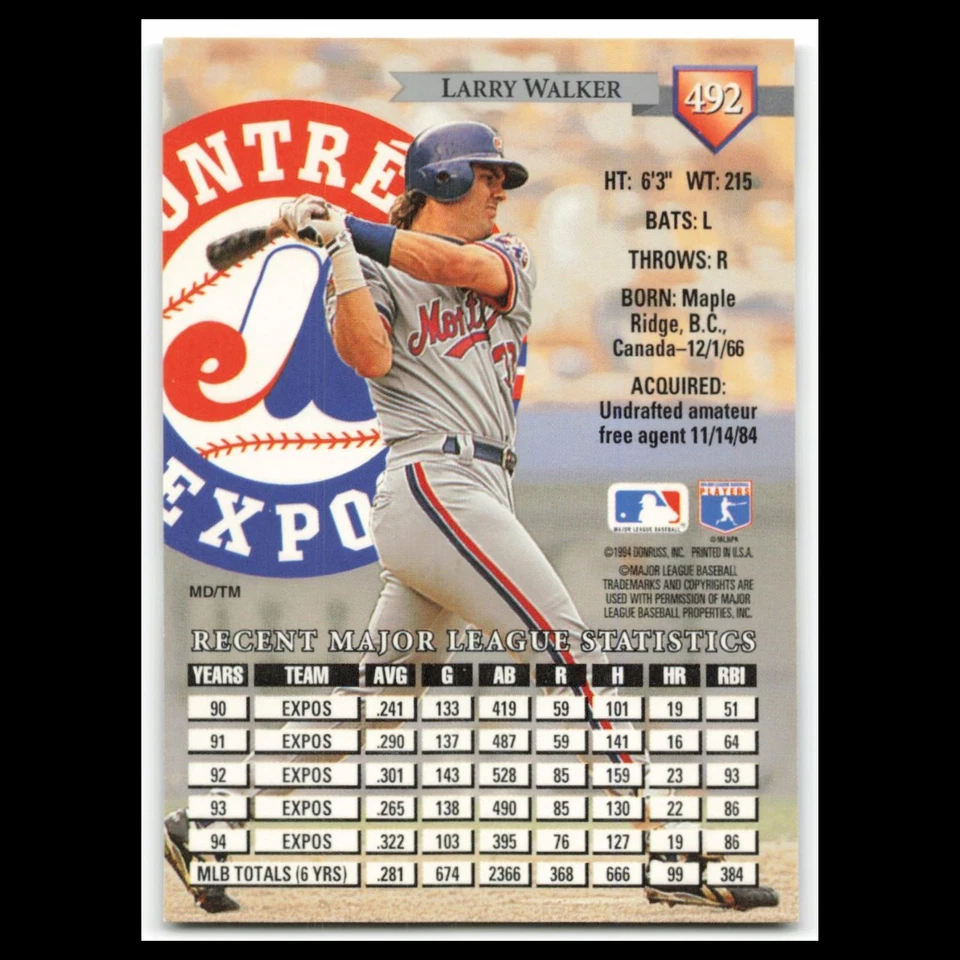 Larry Walker #492 1995 Donruss Montreal Expos Baseball Card MLB NM - Image 2 of 3