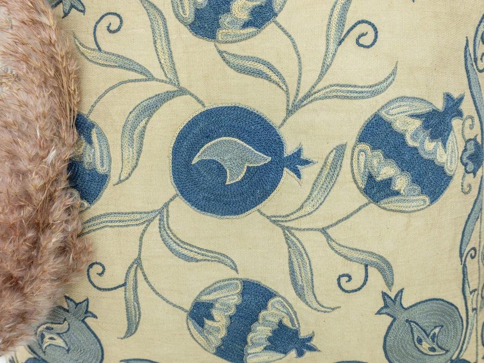 Decorative Blue Suzani Pillow 20x20 in – Handmade Silk – Soft Coastal Home - Image 4 of 4