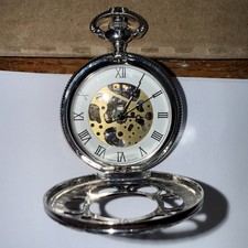Metal Quartz Skeleton Mount Half Hunter Pocket Watch Working New Battery