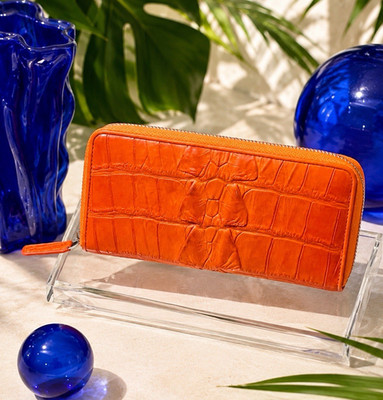 Genuine Crocodile Leather Zip Around Wallet   Vibrant Orange Exotic Long Wallet