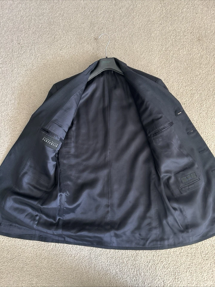 Perry Ellis 组合套装 40R 海军蓝 32 x 30 裤子 4 按钮细条纹良好 — 第 2/4 张图片