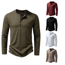 Men's Cotton Button Long Sleeve Henley Neck T-Shirt Casual Solid Color Breathabl