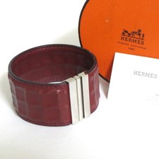 Auténtico Brazalete Brazalete HERMES Cuero Rojo Borgoña Gofre Metal Plateado en Caja