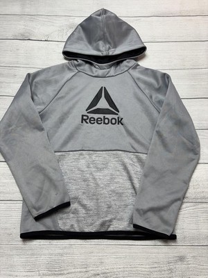 Reebok Hoodie Youth Large 10-12 Gray Black Logo Pullover Fleece Sweatshirt