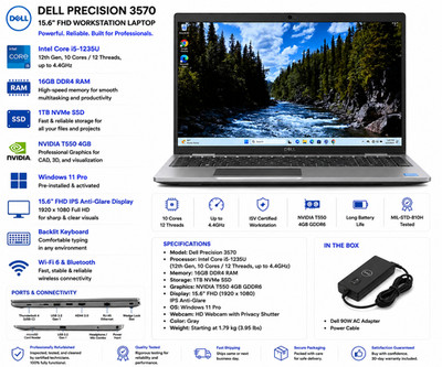 Dell Precision 3570 15.6  FHD Workstation i5-1235U 16GB RAM 1TB NVMe Win 11 Pro