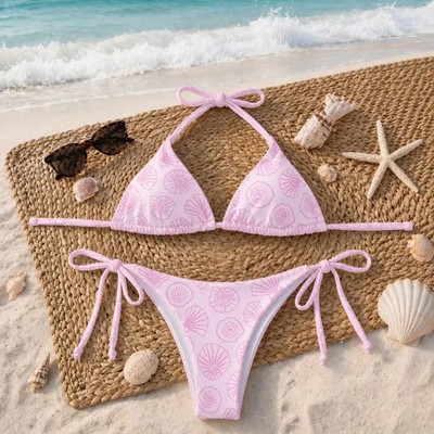 Pink Seashell String Bikini & Men Trunks Couple Women Honeymoon Beach Outfit