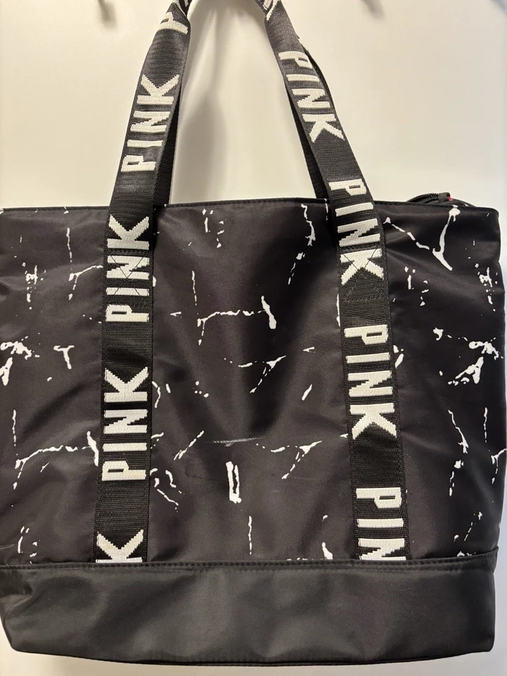 Victorias Secret Tote Bag Hot Pink Cream Canvas Patent Logo Large Beach - Image 3 of 4