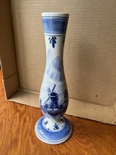 Delfts Blauw Vintage Vase Hand Painted Holland 9.75” x 3.5” Windmill & Sailboats