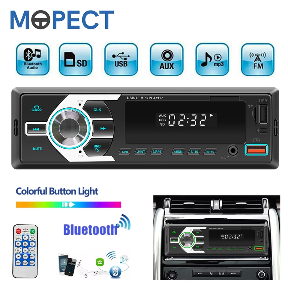 1 DIN Autoradio mit Bluetooth BT Freisprech 7 Farben MP3 Player USB TF Aux FM - Bild 1 von 4