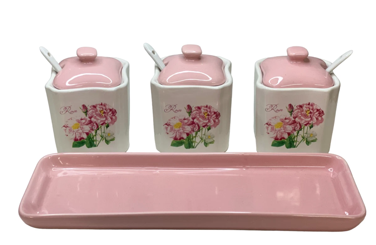 Pink Rose Ceramic Spice Jar - 4 Piece Set - 3 Jars + Plate + 3