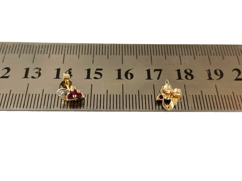 Ruby & Diamond Earrings 9ct Gold Stud Ruby Earrings Half Heart Flower Shaped - Image 2 of 4