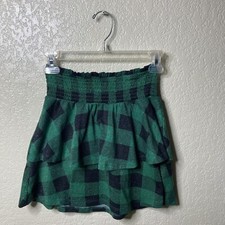 Evsie Girls 11/12 Tiered Skirt Scottish Plaid Green Black Sparkly Elastic Waist