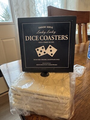 New Restoration Hardware Dice Boxed Set Of 6 Ceramic Cork Coasters Game Night