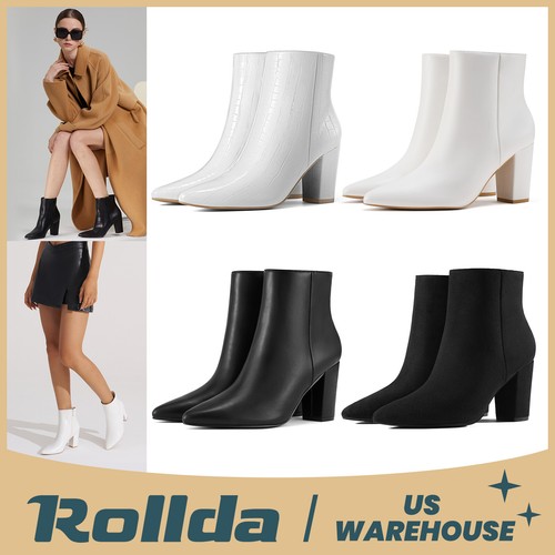 Rollda Women Heeled Ankle Boots Pointed Toe Zip Chunky Heel Dress Formal Booties