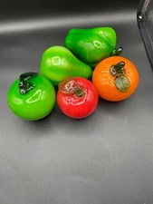 5 piece lot of art glass handblown fruits and vegetables green pepper,pear ,appl