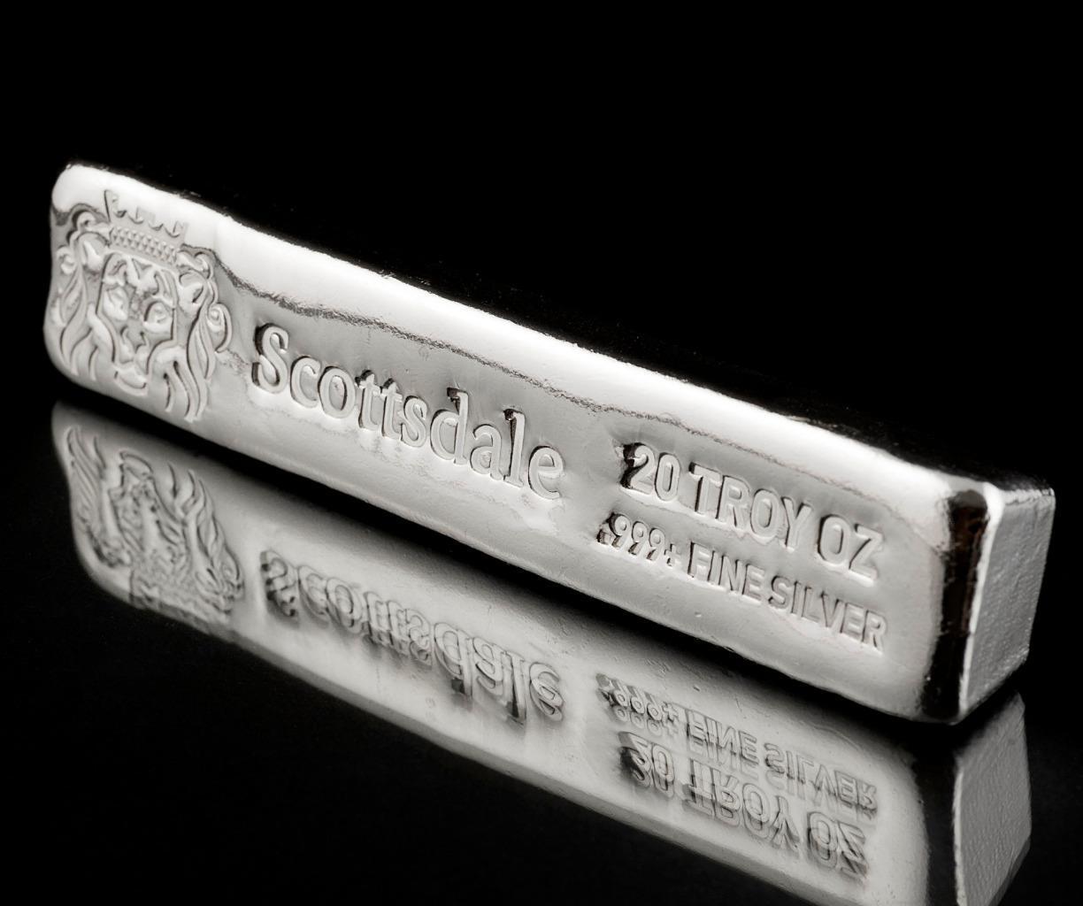 20 oz .999 Silver Bullion Long Cast Bar by Scottsdale Mint #A397