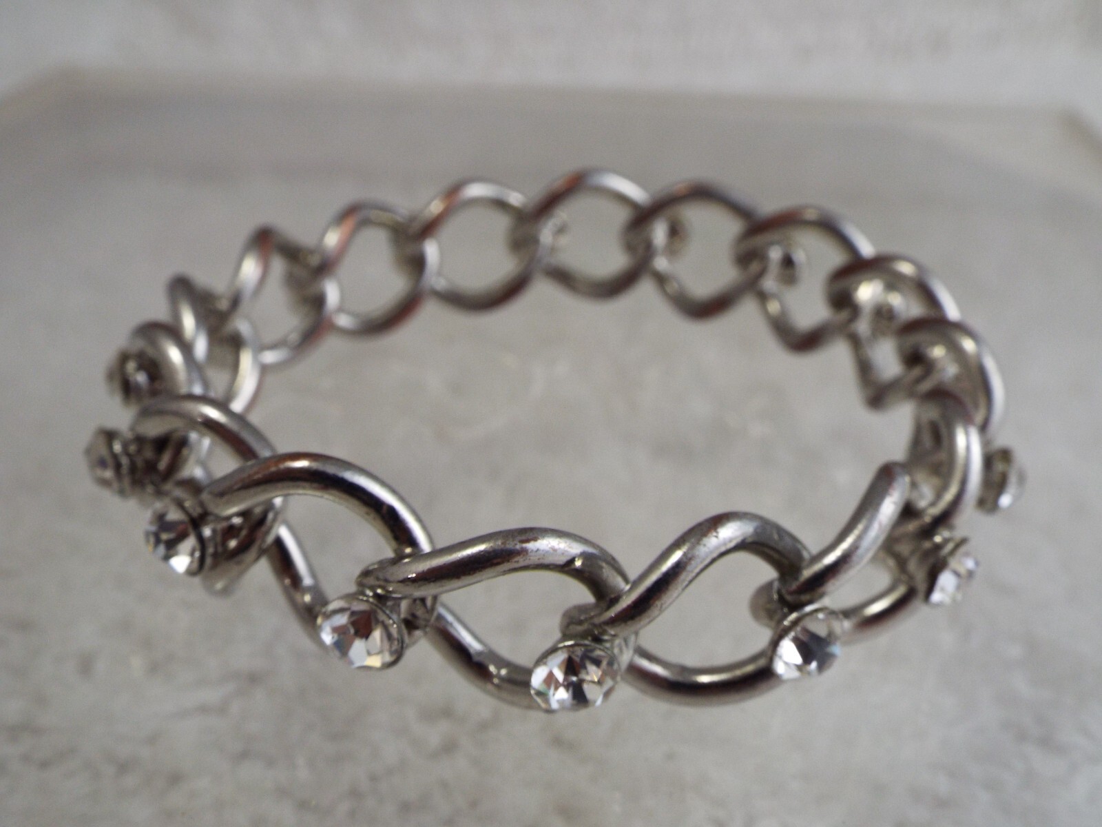 Silvertone Fixed Chain Rhinestone Bangle Bracelet… - image 1
