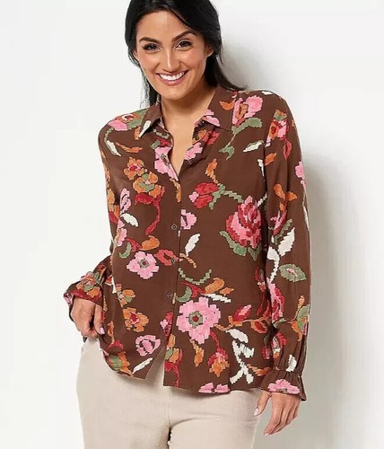 Denim & Co. Canyon Retreat Floral Button Front Shirt Ruffle Cuff Plus 5X Brown