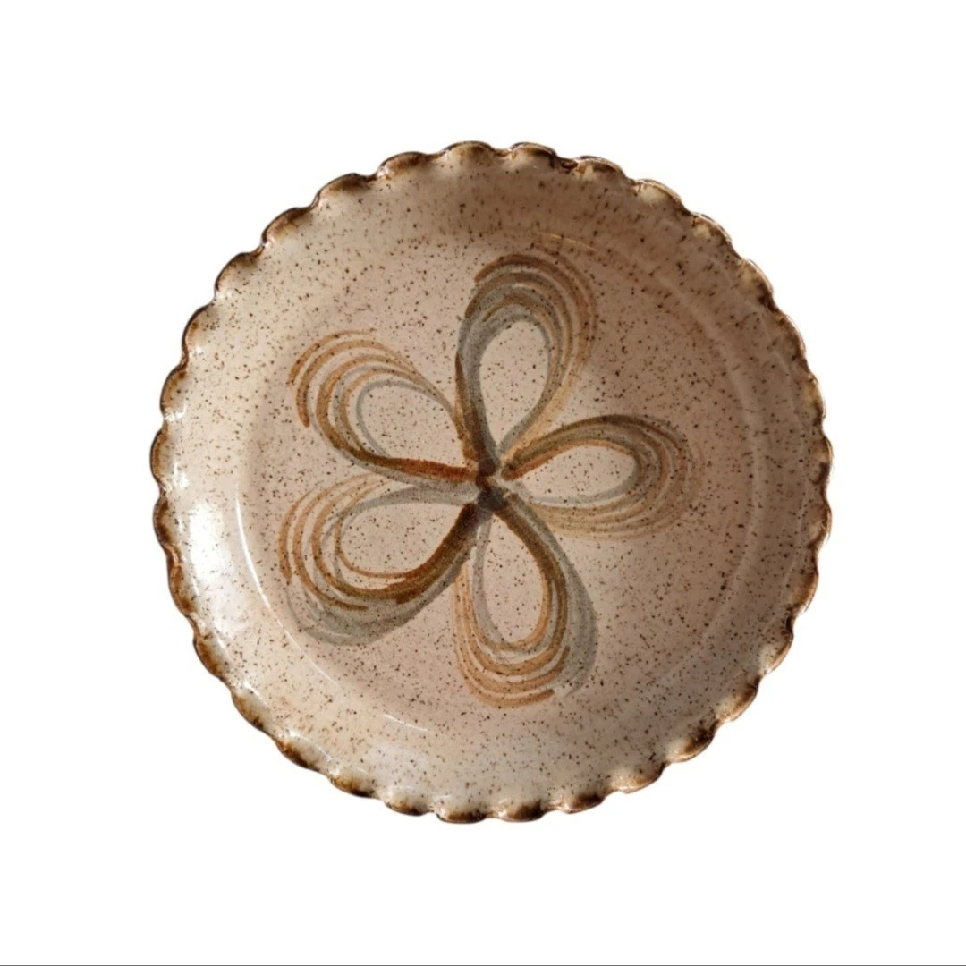 Schuchardt Studio Pottery Scalloped Pie Dish Hand Painted Floral Stoneware Tan