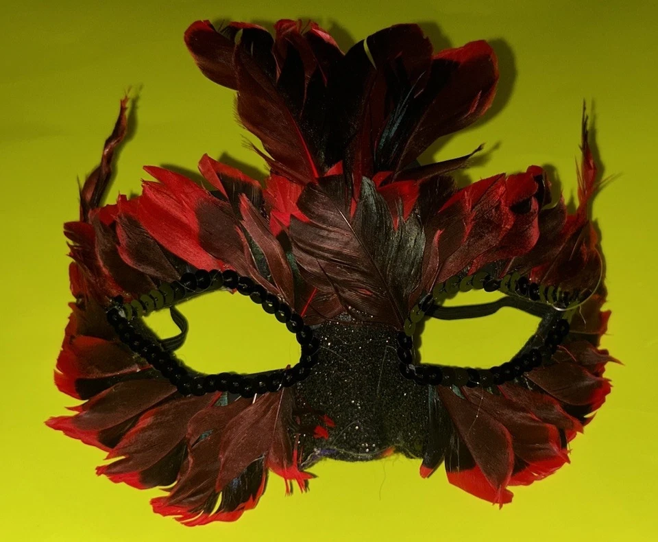 Masquerade Mask Men Woman Teen Red Black Feathers & Hard Plasticity Costume - Image 2 of 4