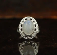 Blue Fire Rainbow Moonstone Ring, Handmade 925 Sterling Silver Statement Jewelry