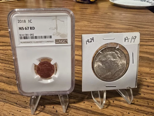2018 1C MS 67 RD Grade NGC Lincoln Cent Bicentennial And 1924 Peace Dollar 