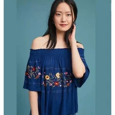 Anthropologie Ranna Gill Women's XS Blue Embroidered Off Shoulder Blouse Boho