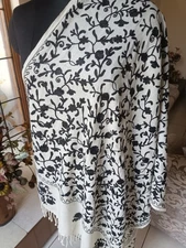 WHITE LUXURY KASHMIRI CREWEL EMBROIDERED PASHMINA SHAWL 100% CASHMERE STOLE