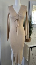 FASHION NOVA Women’s Taupe Long Sleeve Sweater Side Slit Midi Dress Size Small