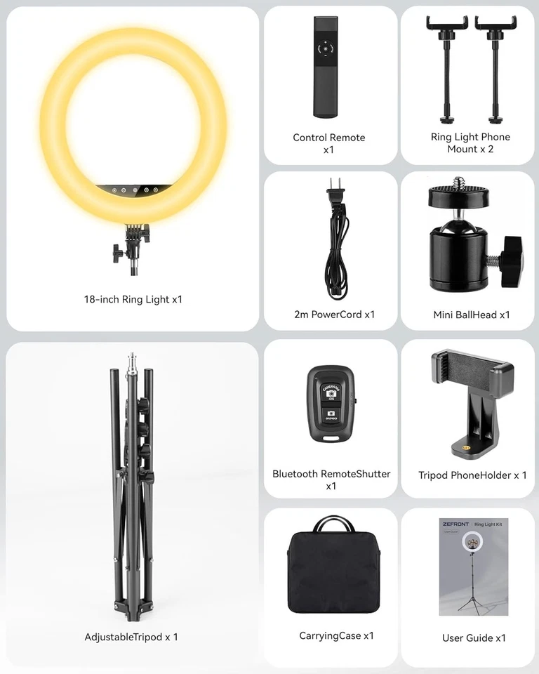 18" LED Ring Light w/ 70" Tripod, Touch Control, 3000K-6000K + 3 Phone Holders - Image 2 of 4