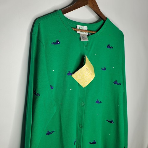 Quacker Factory Womens Green Whale Embroidered Knit Cardigan Size 1X Nautical - Picture 2 of 10