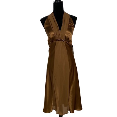 Donna Ricco NY 10 Dress Cocktail Bronze Brown 100% Silk Empire Halter Beaded