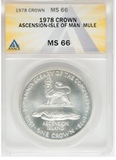 ER361 1978 Crown Silver Ascension Island, Isle of Man Mule ANACS MS66