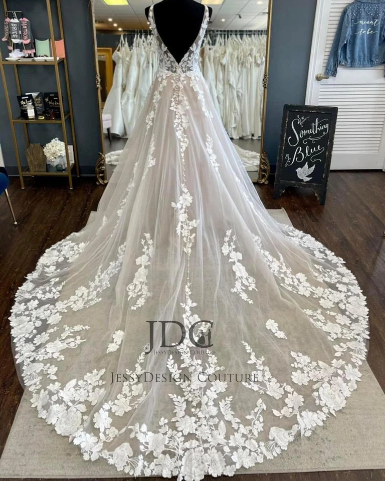 Vestido de novia de encaje floral champán vestido de novia hecho a medida 6-28W talla grande Foto 2 de 4