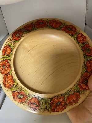 wooden bowl,  Wood Burning, Poppies, Original Art