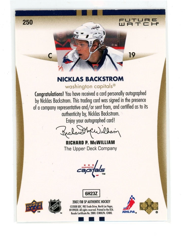 2007-08 SP AUTHENTIC #250 FUTURE WATCH ROOKIE AUTO /999 NICKLAS BACKSTROM - CAPS - Image 2 of 2
