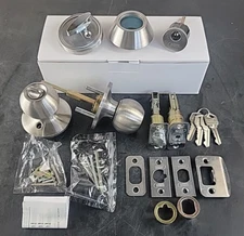 Entry Door Round Knob & Single Cylinder Deadbolt Lock Combo Set B36D1B Satin SS